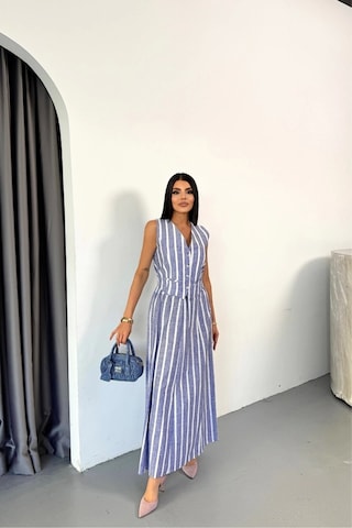 Defymoda Keten Çizgili Yelek - Uzun Etek Takım - Mavi Mavi