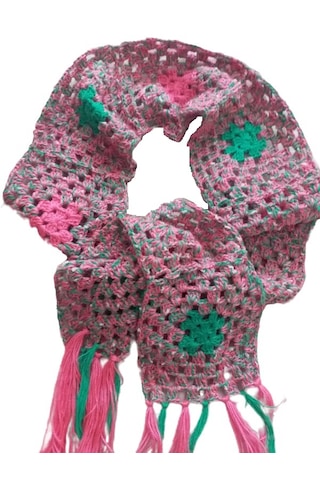 El&Ma El Örgüsü Etnik & Otantik Motifli Pembe-yeşil Atkı & Boyunluk Çok Renkli