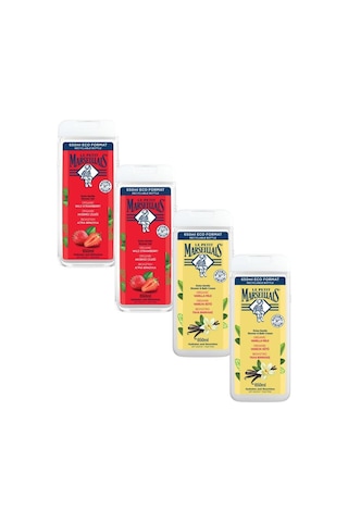 Le Petit Marseillais Vanilya Sütü + Akdeniz Çileği Banyo ve Duş Jeli Nemlendirici Tazeleyici Vücut Şampuanı Avantajlı Paket 4 x 650 ML + Lif