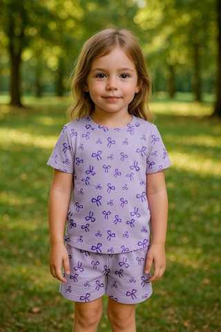 Kız Çocuk %100 Pamuk Kurdela Desenli Şortlu Takım 3-4 Yaş 8-9 Yaş Mor