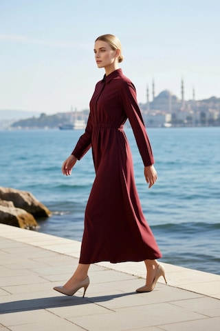 Benerly Kadın Elbise Gömlek A Kesim Yaka Uzun Kol Dokuma Kumaş Beli Lasti Bordo
