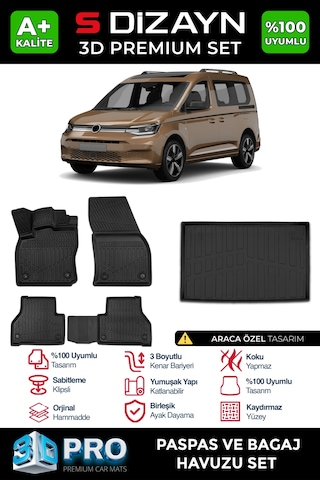 S-dizayn Vw Caddy 3d Pro Havuzlu Paspas Ve Bagaj Havuzu Seti 2'li Set 2020 Üzeri A+ Kalite