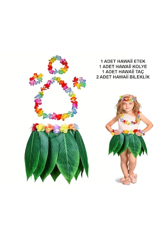Çocuk Hawaii Kostüm Seti - Yaprak Etek & Amp Hawaii Set - 5 Parça