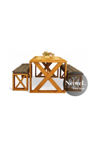 Neiwel Velmar Doğal Ahşap Banklı Yemek Masası Takımı-120-240 Takım Açık Ceviz