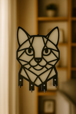 Kedi Figürlü Duvar Tipi Dekoratif Anahtarlık Askılığı Siyah - Beyaz