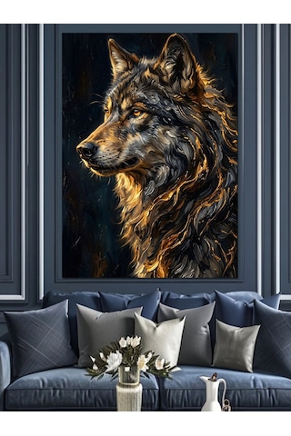 Altın İşlemeli Görkemli Kurt Portresi Dekoratif Kanvas - Mdf Ahşap Tablo