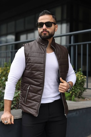 Basic Slim Fit Deri Yelek Kahverengi