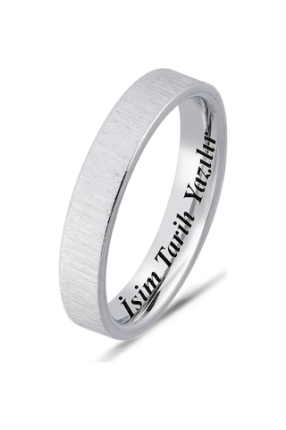 Kişiye Özel İsim Tarih Yazılı 4mm Mat Fırçalanmış Düz Unisex Çelik Yüzük Alyans Cl45y Beyaz