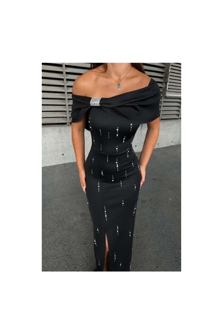 Lior Design Kadın Trend Dik Yaka Taş Detaylı Maxi Abiye Elbise Siyah