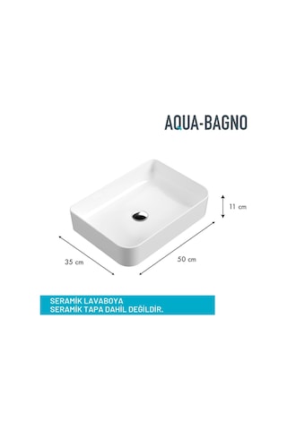 Aqua Bagno Mestola Tezgah Üstü Kare Çanak Lavabo Batarya Deliksiz 35x50 Cm Beyaz