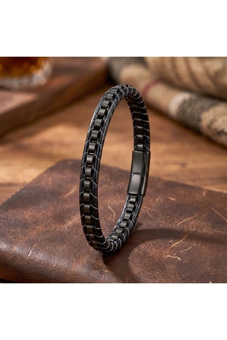 Moncuk Design Siyah Çelik Zincir Örgülü Ve Deri Erkek Bileklik 33514b24d3 Çok Renkli