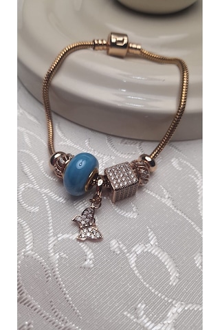 Uzel Xuping Gold Altın Renk Küp Taşlı, Mavi Boncuklu, Taşlı Kelebek Charmlı Çelik Bileklik Mavi