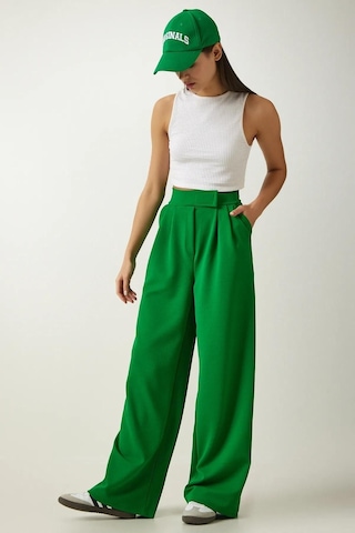 Trend Alisse Kadın Yeşil Beli Cırt Cırtlı Pileli Bol Paça Palazzo Pantolon Wide Leg Yeşil