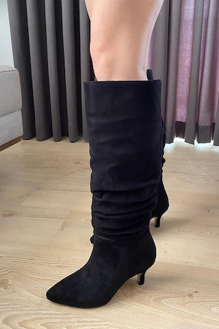 Asmi Shoes Kadın Oslo Topuklu Körüklü Şık Tarz Günlük Rahat Çizme Siyah Süet Siyah