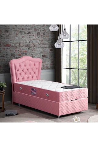 Setaymobilya Baza, Camelli Pembe Tek Kişilik Baza + Başlık + Ortopedik Yatak