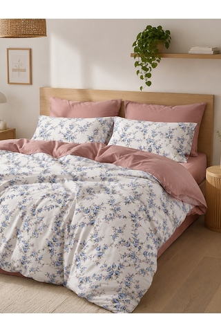 Mystory Home Çift Kişilik Lastikli Çarşaflı Nevresim Takımı Serenity Gül Kurusu - Mavi