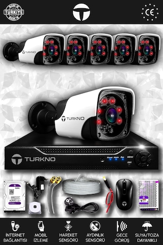 Turkno 6 Kameralı Pania 6 Dış Kamera Set 100 GB HDD Full HD Gece Görüşlü Güvenlik Kamerası Sistemi