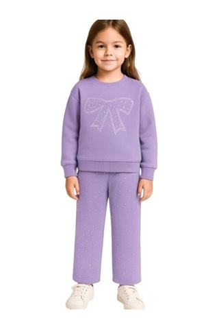Lumino Kız Çocuk Taşlı Fiyonk Takım Lila Sweat & Pantolon 3-8 Yaş Lila