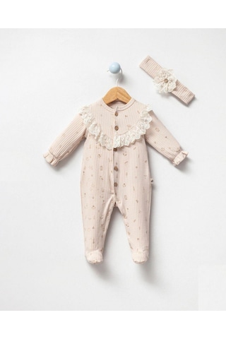 By Bubbles Natural Dantel Detaylı Önden Açmalı Kız Bebek Tulum Somon
