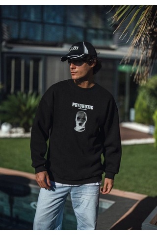Modi Kışlık Bisiklet Yaka Baskılı Sweatshirt - Siyah Açık Siyah
