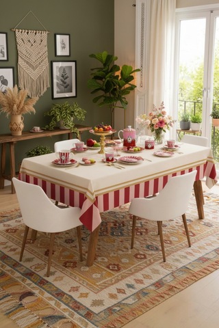 Vivanni Home Yıkanabilir Dikdörtgen Masa Örtüsü Günlük Kullanıma Uygun Pratik Ve Uzun Ömürlü Çizgili Pembe