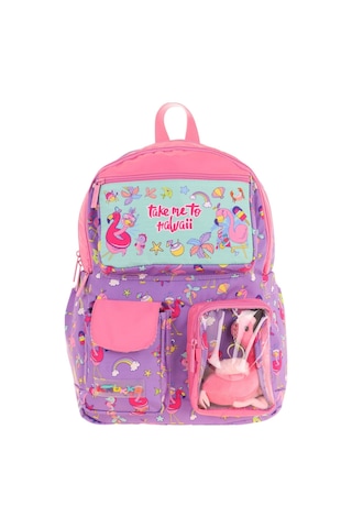Kaukko Kız Çocuk Peluş Flamingolu İlkokul Okul Sırt Çantası - Mor Pembe - L5240 Mor - Pembe