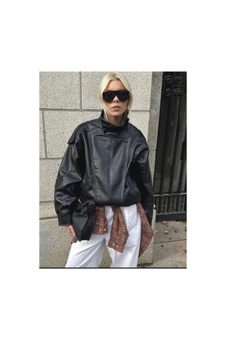 August Viral Oversize Kadın Deri Ceket Yüksek Yaka Siyah Urban Style Kadın Deri Ceket Siyah&black Siyah&Black