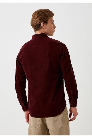 Erkek Kadife Gömlek Bordo %100 Pamuk Düğmeli Yaka Slim Fit Logo Detaylı Gömlek Ncs Jeans 7980-bordo Bordo