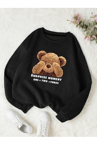 Suprise Moment Bear Sweatshirt - Siyah Baskılı Oversize Kışlık Kalın Bisiklet Yaka Siyah