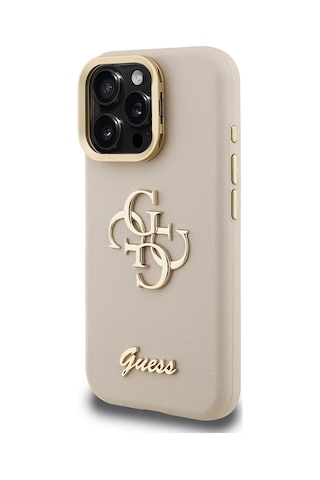 Apple Uyumlu iPhone 15 Pro Kılıf Guess Lisanslı Grained Yazı Logolu Kamera Standlı Kapak Bej