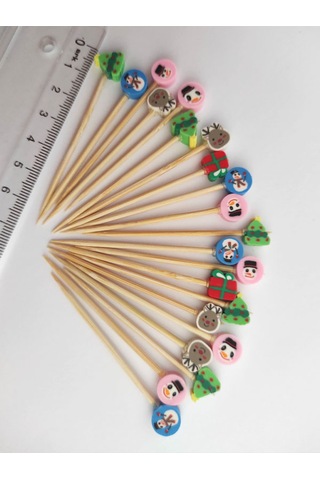 100 Adet Dekoratif Yılbaşı Temalı Fimo Boncuklu Kürdan 6,5 Cm-karışık Model-happy New Year Toothpick