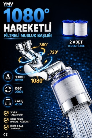 Ymv Filtreli Musluk Başlığı 1080 Derece Hareketli Döner Batarya Ucu 2 Adet Yedek Filtreli