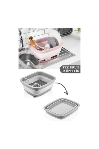 Flosoft Katlanabilir Bulaşıklık Ve Badya, Akordiyon Kaşıklık Bölmeli Tabaklık Kurutmalık Badya Gri