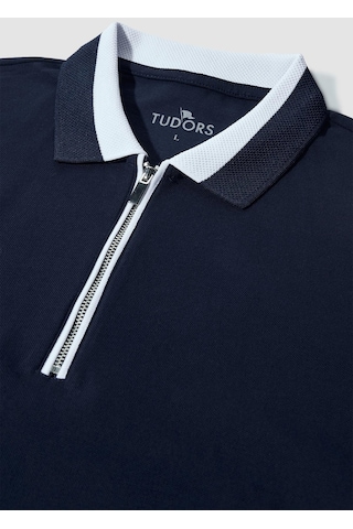 Tudors Erkek Slim Fit Dar Kesim %100 Pamuk Düz Pike Fermuarlı Lacivert Polo Yaka Tişört-31109-lacivert Lacivert