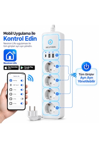 Neutron Ntl-sw07 1050 Joule Akım Korumalı Wifi Akıllı Grup Priz 4 Lü, 2 Usb + Type-c, 1 Mt Kablo 1 M