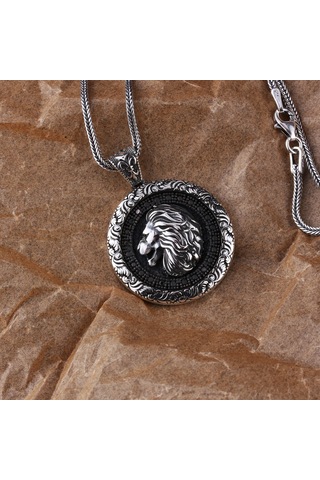 Otantik Motifli Zirkon Taşlı Gümüş Aslan Kolye Gümüş