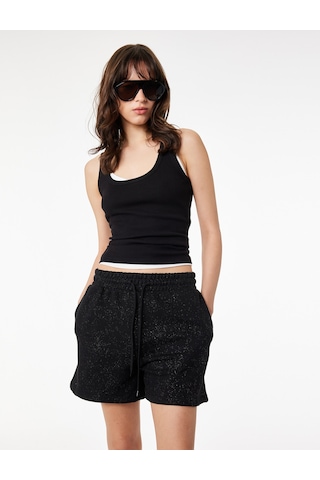 Koton Slim Fit Beli Bağcıklı Cepli Simli Mini Şort Siyah 6sal40139ık