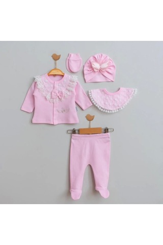 Melek Kanatlı 5'li Kız Bebek Hastane Çıkış Seti Pembe Pembe