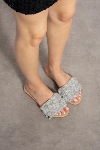 Shoetek Carys Kadın Terlik Saçaklı Full Gümüş Taşlı Bej Hasır Bej