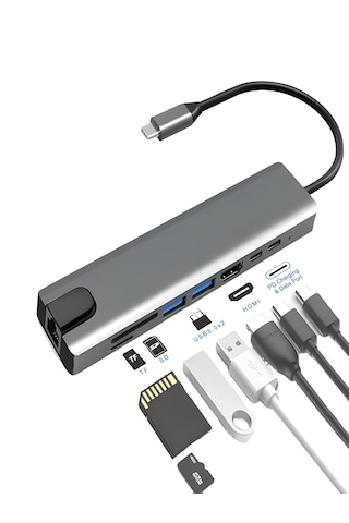 8in1 Aluminium Pd100w Hızlı Şarj Çoklayıcı Çevirici 4k 1xethernet 1xhdm 2xusb 2xtype-c Tf/sd Usb Gri