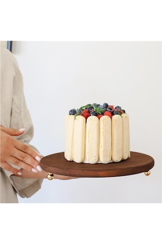 Akayev Ahşap 29 Cm Altın Boncuk Ayaklı Sunum Tabağı Beyaz