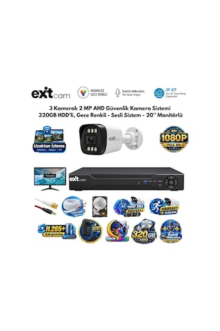 3 Kameralı 2 Mp Ahd Güvenlik Kamera Sistemi 320gb Hdd'li, Gece Renkli - Sesli Sistem - 20 İnç Monitö