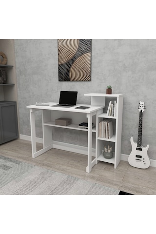Saye 5 Raflı Kitaplıklı Çalışma Masası Beyaz Mat Beyaz