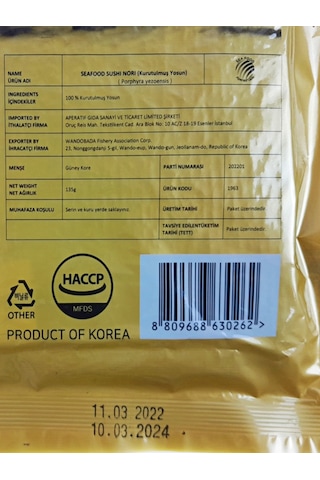 Wandobada Yaki Sushi Nori Yosunu 50 Yaprak 135 G