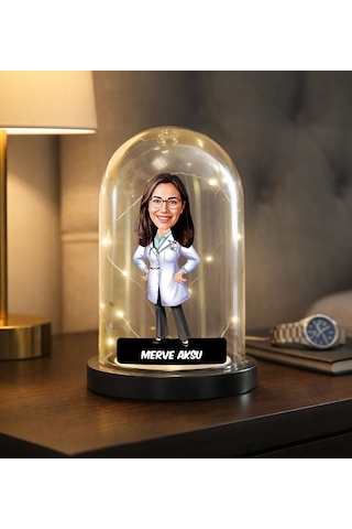 Bk Gift Kişiye Özel Kadın Doktor Karikatürlü Led Işıklı Cam Fanus Biblo -1, Mesleki Hediye, Sevgiliye-arkadaşa Hediye Kobitmeyencom36870 Bk Gift
