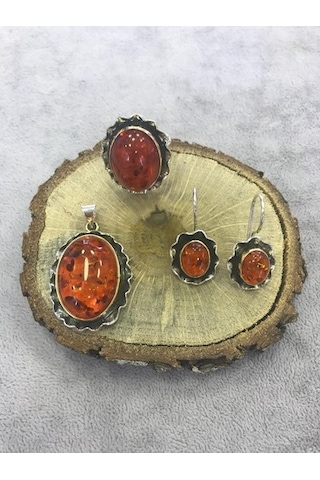 Kehribar Taşlı Gümüş Set 925 Ayar (372671266)