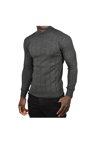 Deepsea Erkek Antrasit Slim Fit Likralı Tüylenme Yapmayan Yarım Balıkçı Çizgili Triko Yarım Boğazlı Kazak 2505503 Antrasit