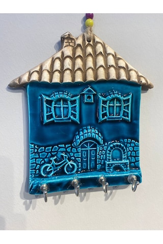 El Yapımı Nazar Boncuğu, Duvar Dekorasyon Ürünü, Seramik, El İşçiliği, Turkuaz Renkte Ev Desenli Anahtarlık -