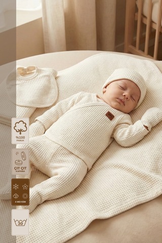 Minory Baby - %100 Pamuk 7'li Hastane Çıkışı Seti Yenidoğan 7'li Set Waffle Kumaş Ekru Ekru