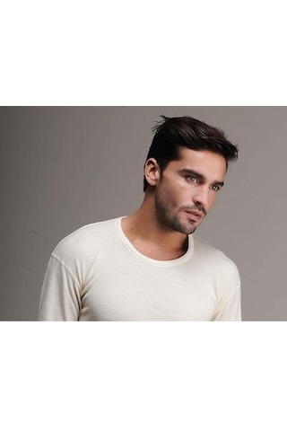 Hasyün Erkek Uzun Kollu Yün Fanila Bisiklet Yaka Içlik Woolmark S Krem